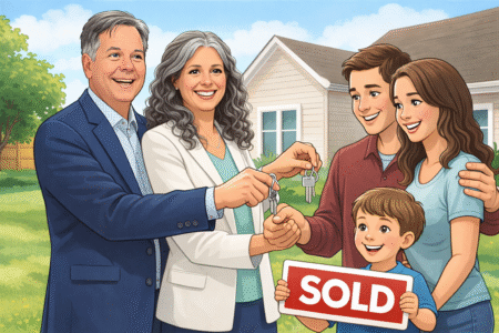  Kirk and Sheila Pownall handing keys to a young couple with child holding sold sign on closing day in Birmingham Alabama