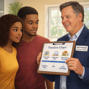 Kirk Pownall explaining home buying timeline to couple in Birmingham and Chelsea Alabama