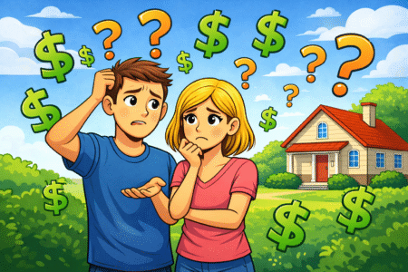 Couple confused about home buying costs with dollar signs and question marks while standing in front of a house