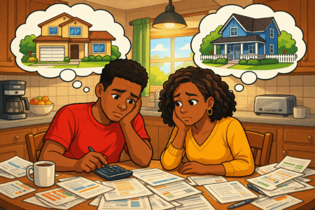 Couple reviewing budget and home buying finances with papers on table and dream homes in thought bubbles
