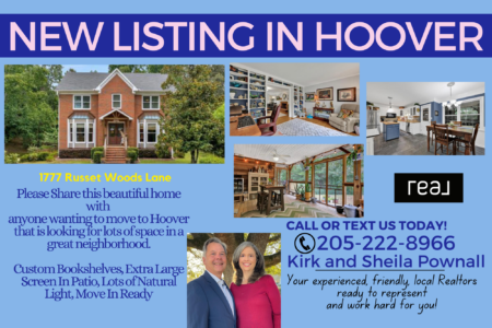 New listing in Hoover Alabama – 1777 Russet Woods Lane featuring brick exterior, custom bookshelves, screened-in patio, and spacious living areas