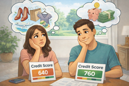couple comparing credit scores for home buying in Birmingham and Chelsea Alabama