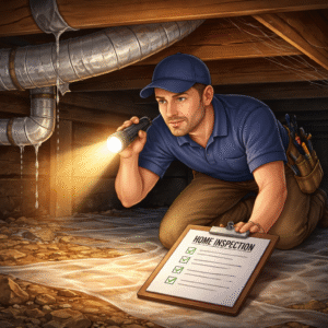 home inspector checking crawl space with flashlight during home inspection in Birmingham and Chelsea Alabama