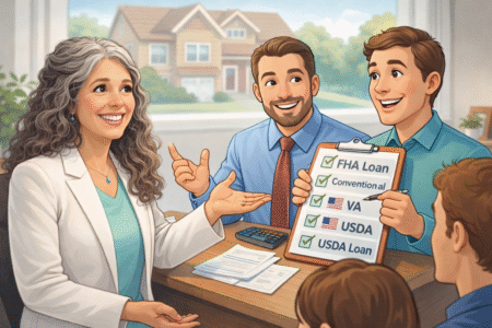 realtor and lender explaining home loan types to buyers in Birmingham and Chelsea Alabama