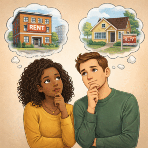 young couple deciding between renting and buying a home